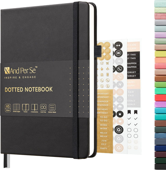 &And Per Se Dotted Journal Notebook, A5 Hardcover Leather Bullet Dotted Journal, 160 Pages 100 gsm Thick Dotted Paper，3 Sheets of Stickers Included (Black)