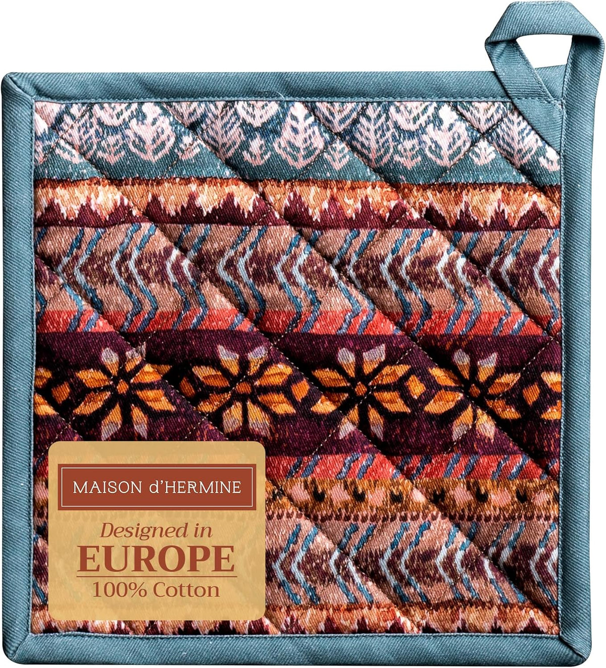 Maison d' Hermine Pot Holders 100% Cotton Heat Resistant Potholders 8" x 8" Hot Pads with Loop BBQ, Cooking, Baking, Grilling, Kitchen, Handling Hot Pans (Pack of 1, Fair Isle)