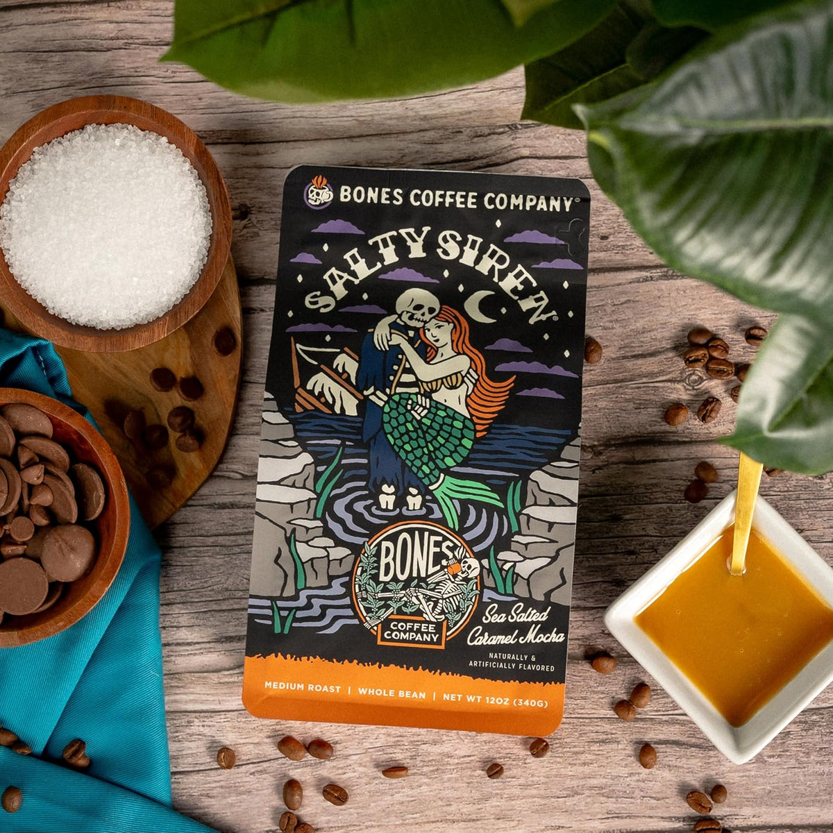 Bones Coffee Company Salty Siren, Sea Saled Caramel Chocolate Flavored Coffee, Medium Roast Low Acid Arabica Beans Compatible with Auto drip and French Press Coffee Maker, 12 Oz Whole Bean