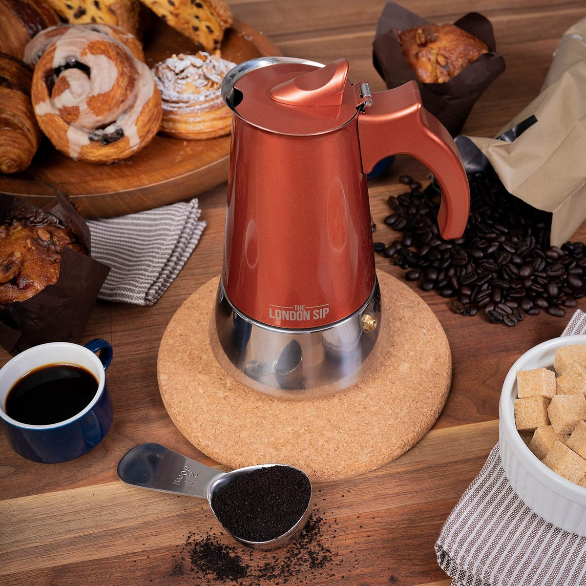 London Sip Stainless Steel Stovetop Espresso Maker Moka Pot Italian Coffee Percolator, Copper, Medium (10.14 oz)