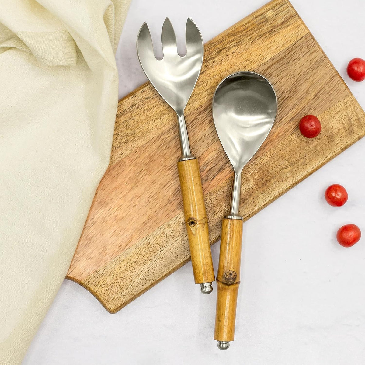 Folkulture Serving Utensils for Modern Cooking, Stainless Steel Salad Servers or Tongs, 12 Inch Tosser, Spoon and Fork Set With Bamboo Handle, Silver