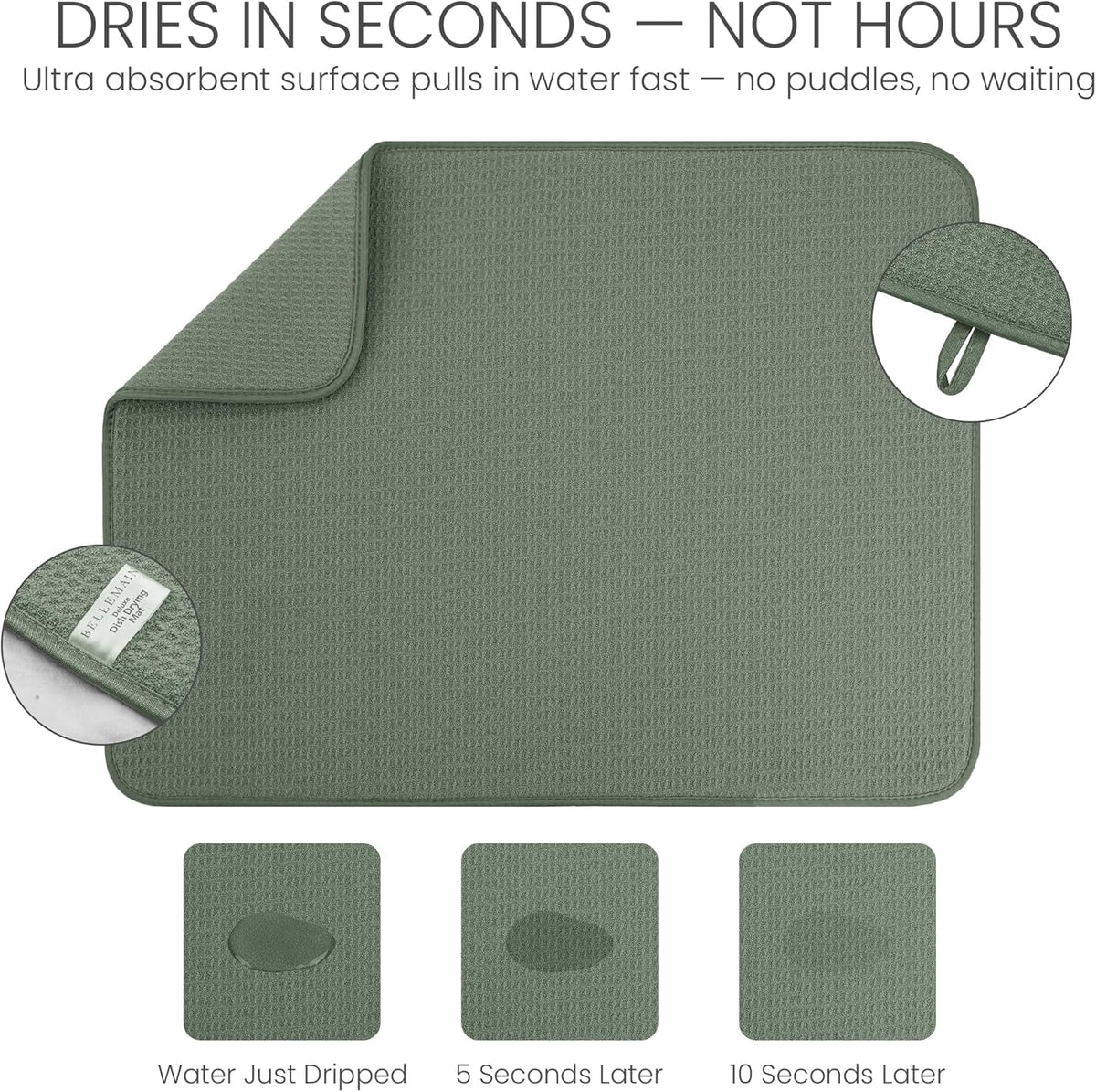 Bellemain XXL Dish Mat 24" x 17" ( LARGEST MAT ) Microfiber Dish Drying Mat , Super absorbent ( Green )