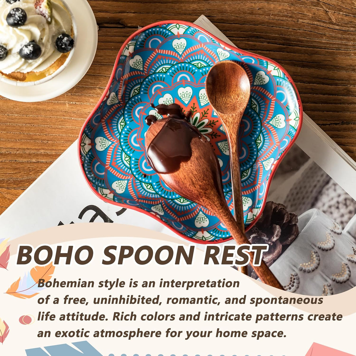 Spoon Rest for Stove Top, Bohemian Kitchen Gadgets, Ceramic Spoon Holder for Kitchen Countertop, Coffee Spoon Rest, Large Cooking Spatula Holder for Spoons, Ladles or Tongs, Blue and Red Boho