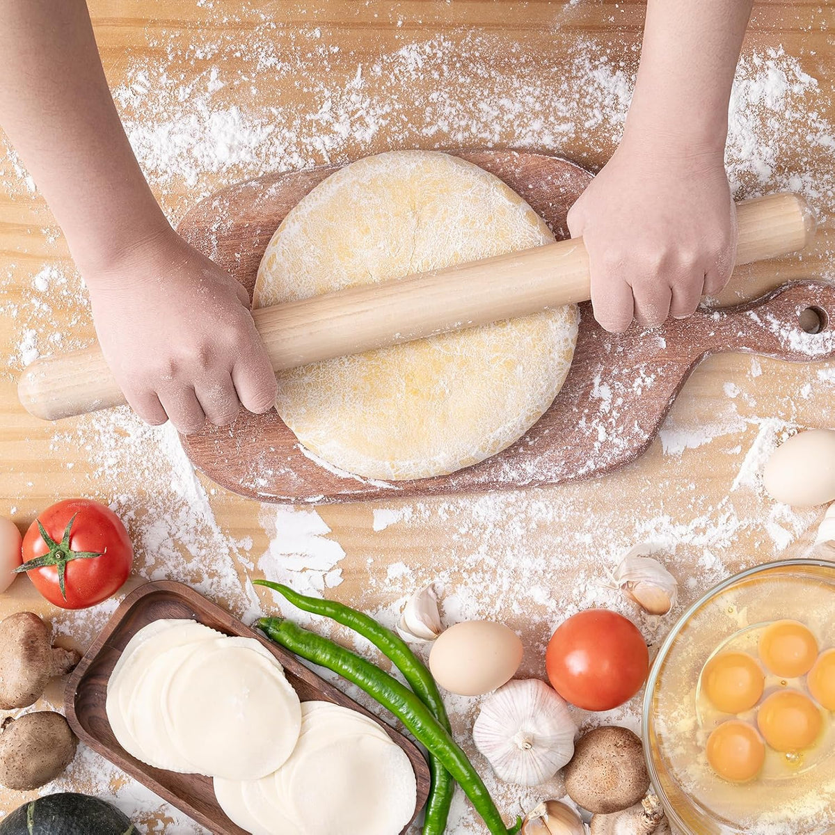 AISOSO French Rolling Pin, 17.7 Inches Wood Rolling Pins for Baking, Extra Long Classic Wooden Dough Roller for Fondant Pizza Pie Crust Cookie Pastry, Kitchen Baking Essentials, Light Yellow