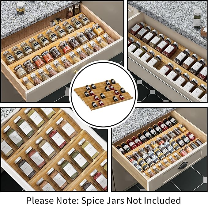 Bamboo Spice Drawer Organizer - 8 Pack 13"x4.7"x1.6" Spice Rack Tray - Spice Jars Drawers Insert - Seasoning Organizer for Drawers/Countertop (Jars not included)…
