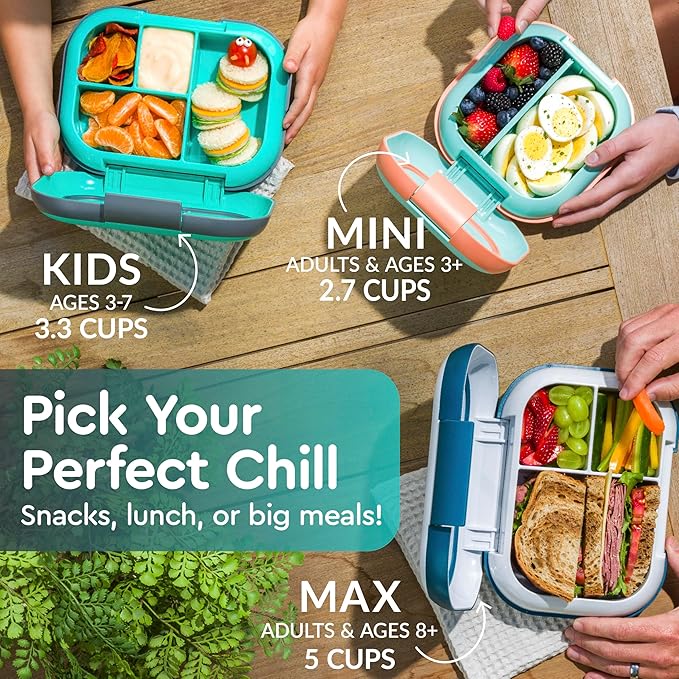Bentgo Chill Kids Leak-Proof Lunch Box - 4-Compartment Bento Box with Built-In Ice Pack, 3.3 Cup Capacity, PFAS & BPA-Free, Microwave & Dishwasher Safe, Ideal Size for Ages 3 to 7 (Electric Aqua)