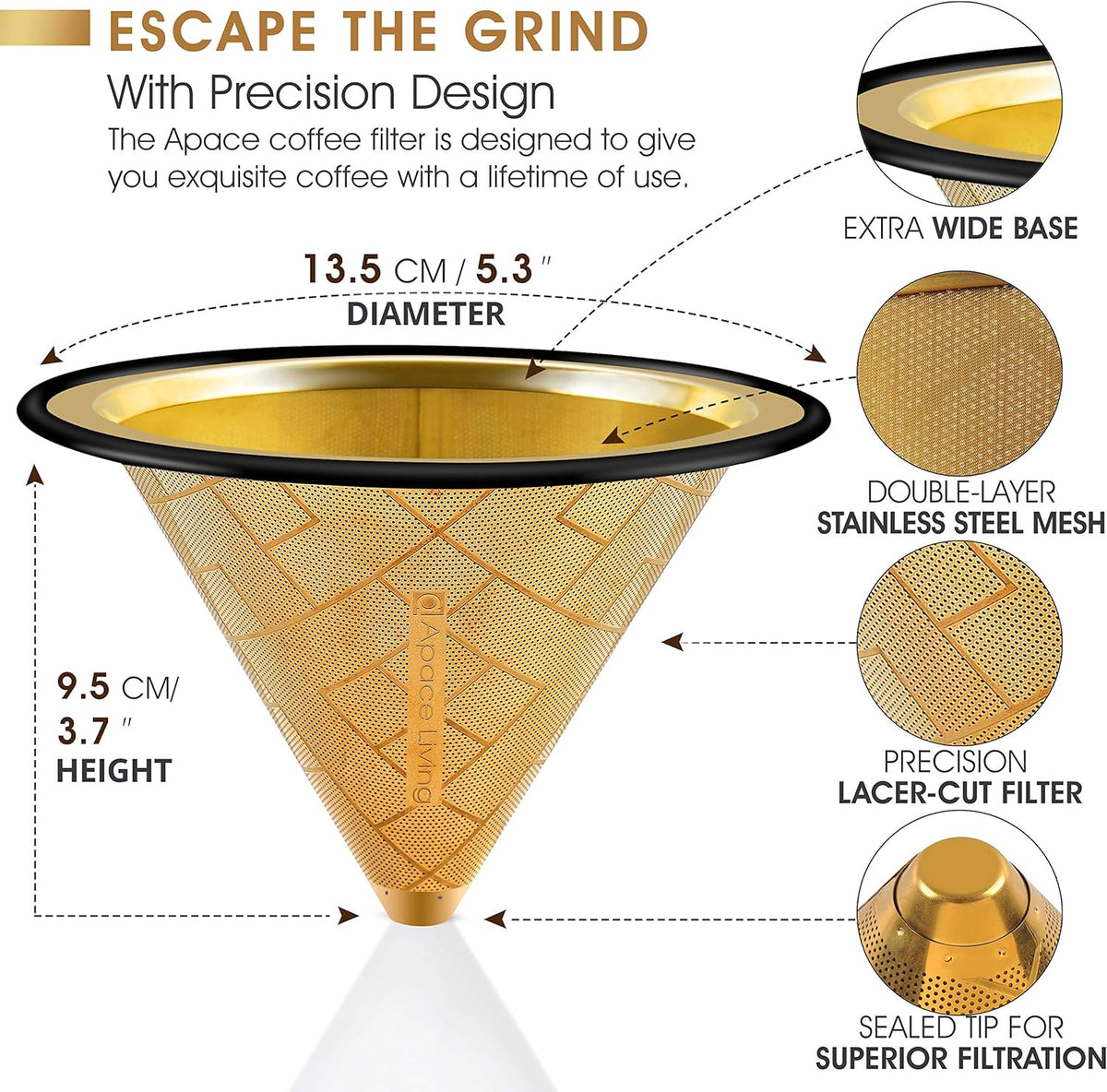 Compatible with Hario V60, Chemex Pour Over Coffee Filter - Wide Metal Base Reusable Stainless Steel Coffee Dripper - Paperless Coffee Filter for Sustainable Brewing