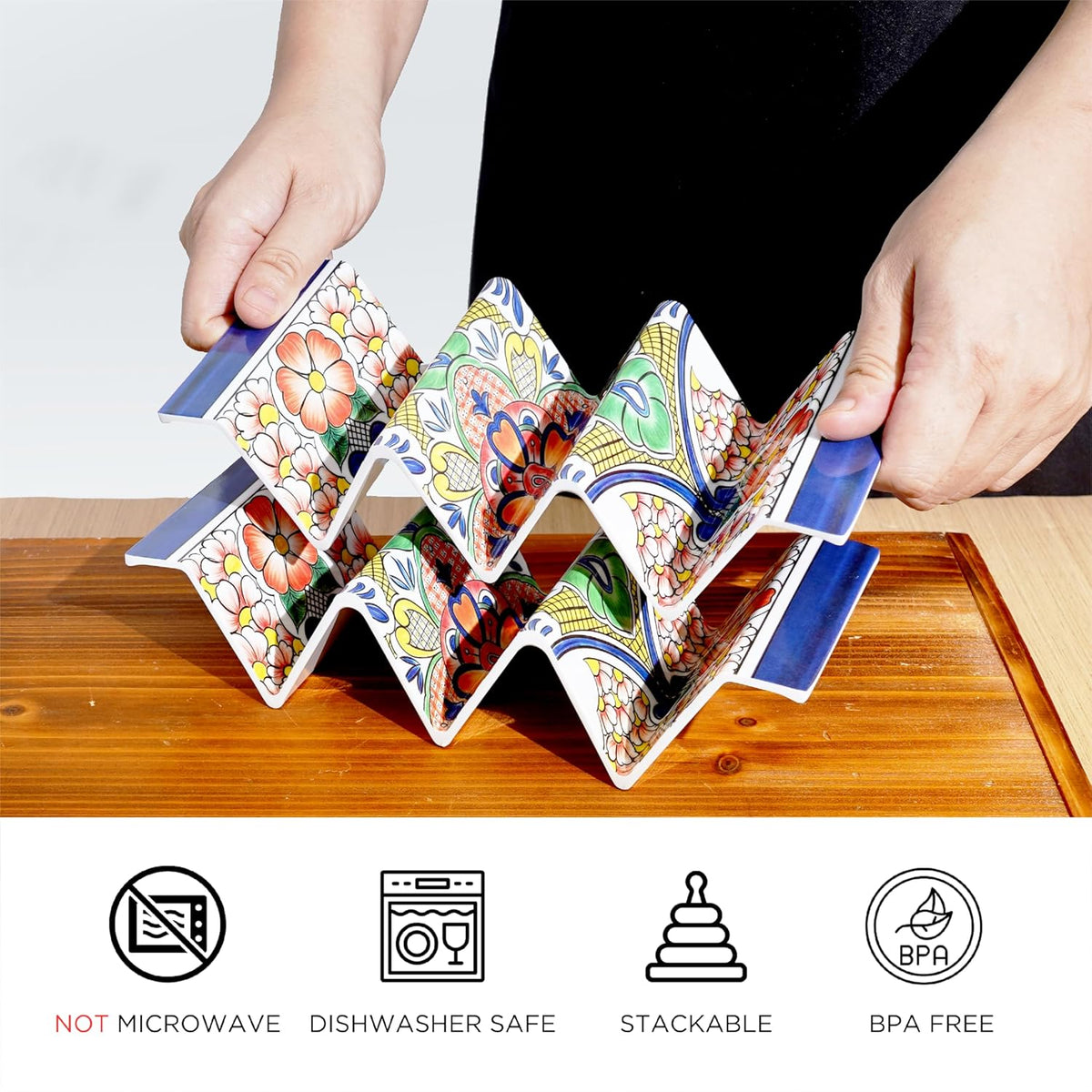 TP Taco Holder Stands, Set of 2 Melamine Large Taco Serving Rack Tray with Handle, Holds 3 Tacos, Dishwasher Safe, Ideal for Taco Night, Party, Home, Fiesta, Talavera Tile