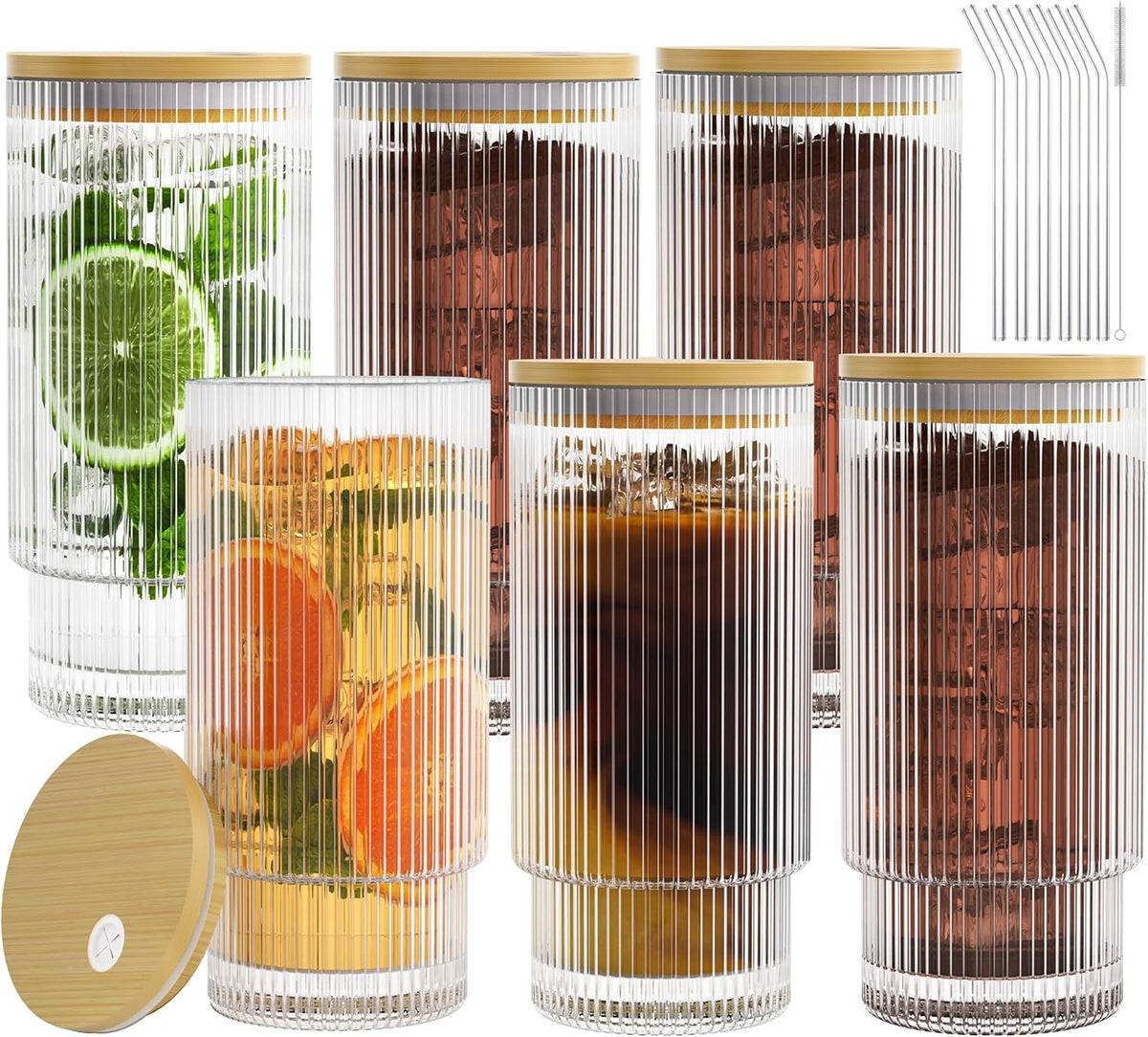 16OZ Ribbed Glass Cups with Lids and Straws,Iced Coffee Cups with Bamboo Lid,Vintage Glassware for Whiskey Cocktail Beer Fruit Juice Glasses Tumbler(6 Pack)