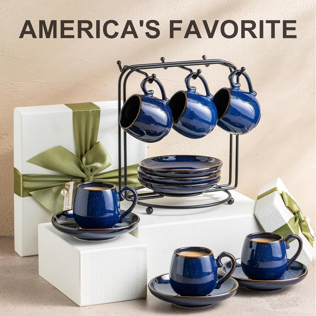 LYEOBOH 3 Ounce Espresso Cups Set of 6, Ceramic Small Coffee Cups with Saucers, Cute Demitasse Cups and Metal Stand with Spoons for Great Gift, Mini Cafe Cup for Espresso, Mocha, Tea - Cobalt Blue