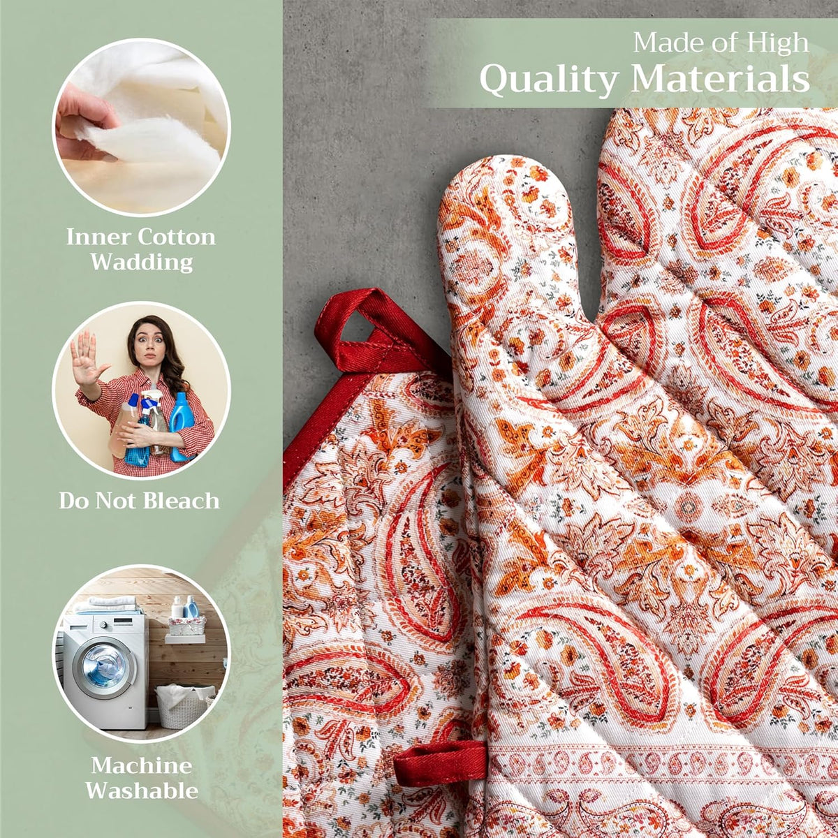 Maison d' Hermine 100% Cotton Oven Mitt & Pot Holder Set (7.5"x13" & 8"x8") Heat Resistant BBQ Cooking Gloves with Loop, Baking, Grilling, Kitchen, Handling Hot Pans (Orient)