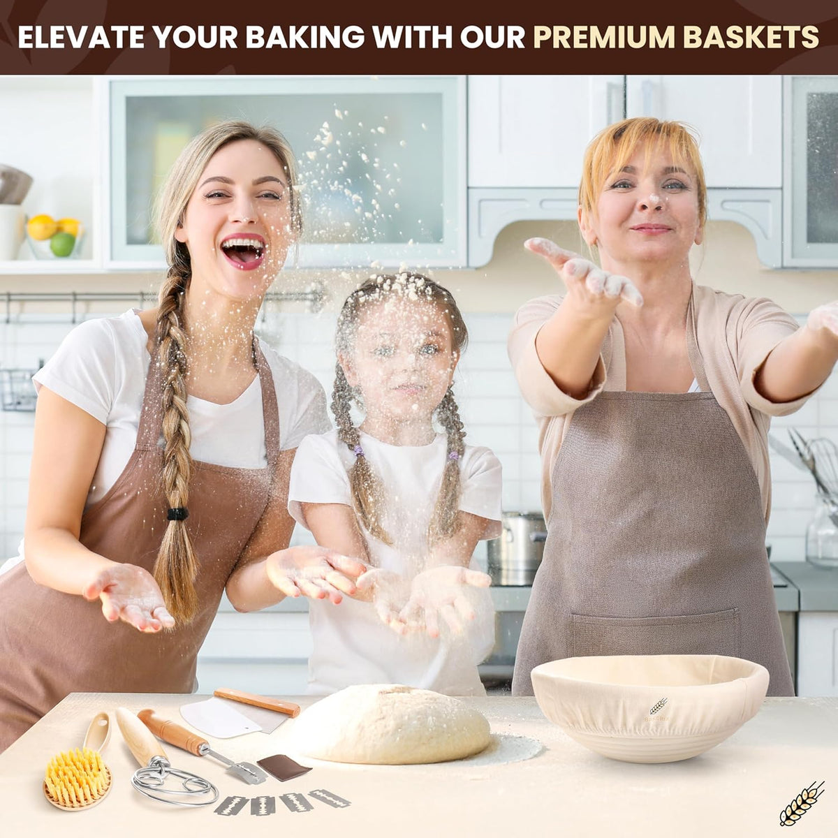 BAKERIA 9" Banneton Proofing Basket Kit (Round) – Sourdough Bread Making Set with Danish Whisk, Bread Lame + 5 Blades, 2 Scrapers, Brush, Linen Liner & Recipe Book – No Starter Culture