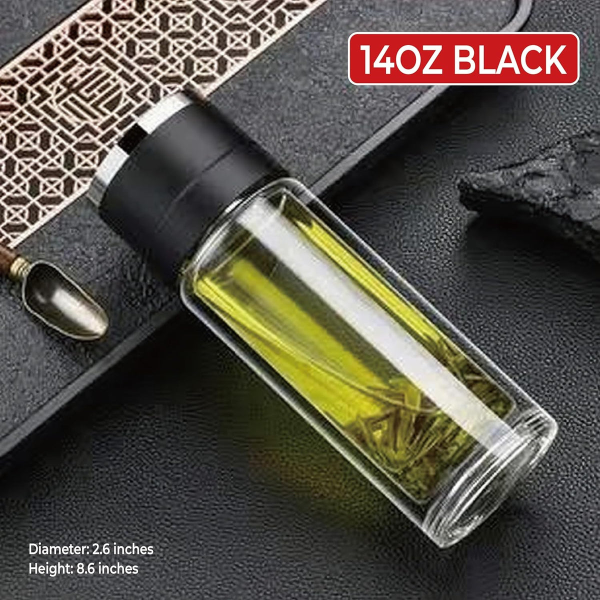 Glass Water Bottle Fits in Car Cup Holder, 14 oz Double Wall Borosilicate Glass Tea Infuser Bottle, One Handed One Key Lid Opening, for Car, Home, Office