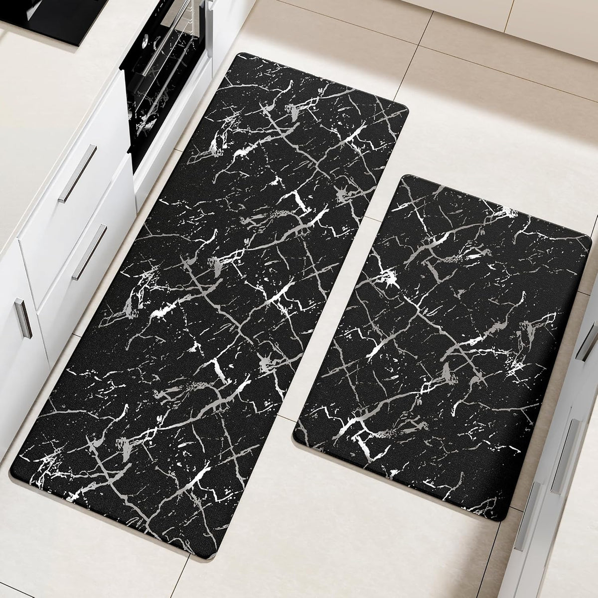 Silver Foil Stamped Marble Kitchen Mats for Floor 2PCS Cushioned Anti Fatigue Non Slip Waterproof Comfort Leather Kitchen Rugs 2/5 Inch PVC Kitchen Mats for Sink, Laundry, 17.3"x28"+17.3"x47", Black