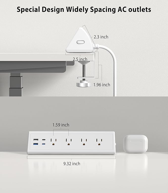 Jgstkcity Desk Clamp Power Strip,20W Fast Charging Station,Surge Protector Nightstand Edge Mount,1875W Extension Cord with Multiple Outlets,2 USB-C,2 USB-A,for Home Office (White, 2PCS-6 FT)