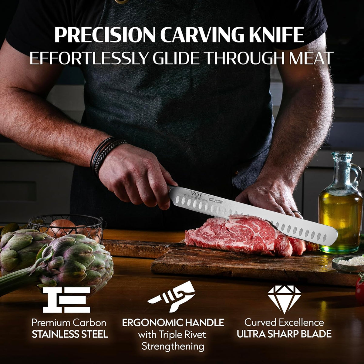 Vos 12" Carving Knife & Brisket Slicer – German Steel Meat Cutter with Ergonomic Handle – Precision Blade for Turkey, Bread, Cheese & BBQ – Elegant Gift Box Included – Kitchen Essential