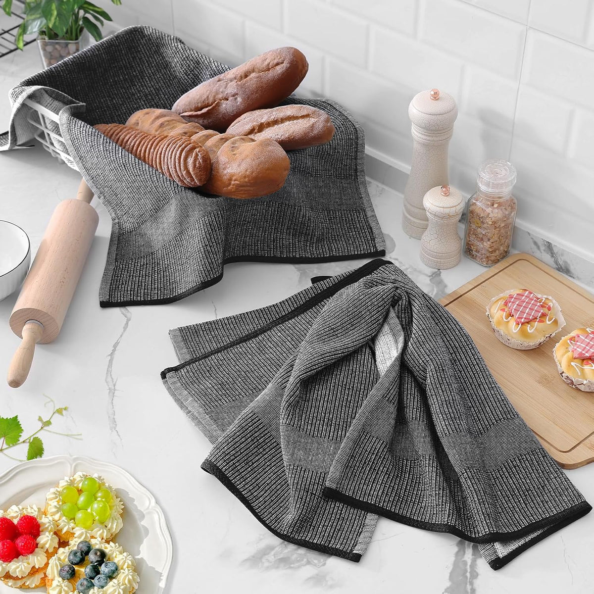 Homaxy Premium Kitchen Towels(18”x 28”, 6 Pack), Large Cotton Kitchen Hand Towels, Flat and Terry Dish Towels, 380 GSM Highly Absorbent Tea Towel Set with Hanging Loop, Black