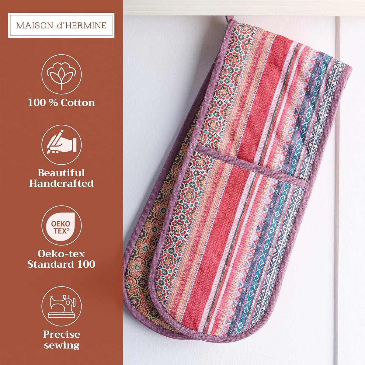 Maison d' Hermine Double Oven Mitts 100% Cotton 7"x35" Double Oven Mitt Heat Resistant BBQ Cooking Gloves with Loop, Baking, Grilling, Home, Kitchen, Handling Hot Pans (Ispahan)