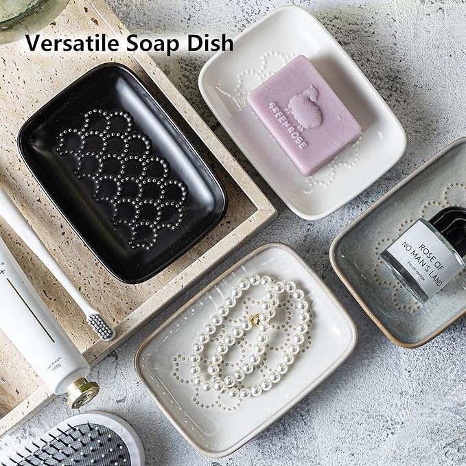 Gomakren Soap Dish for Shower, Ceramic Soap Dishes for Bar Soap Sponge, Halloween Shower Soap Holder Saver Tray for Bathroom Kitchen Sink, Easy to Clean, Black