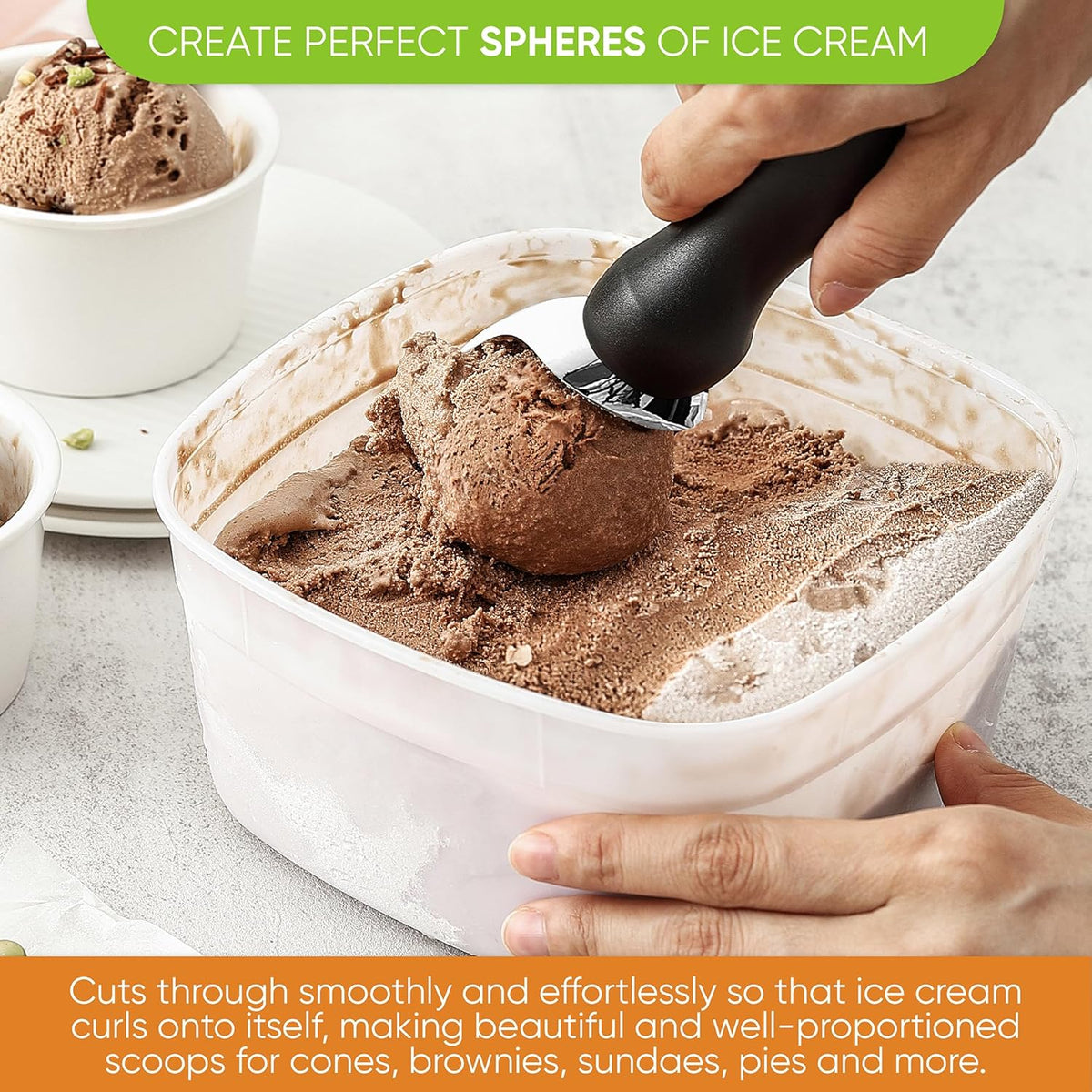 Spring Chef Ice Cream Scoop with Soft Grip Handle, Professional Heavy Duty Sturdy Scooper, Premium Kitchen Tool for Cookie Dough, Gelato, Sorbet, Black, 2 Pack