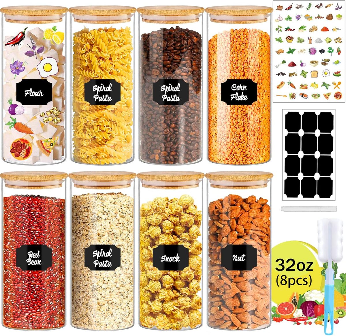 32 oz 8 Pcs Glass Jars with Bamboo Lids, Stackable Clear Food Storage Jars, Airtight Kichen Glass Pantry Storage Containers with Lids for Rice, Candy, Sugar, Flour, Nuts, Cookie, Coffee Bean