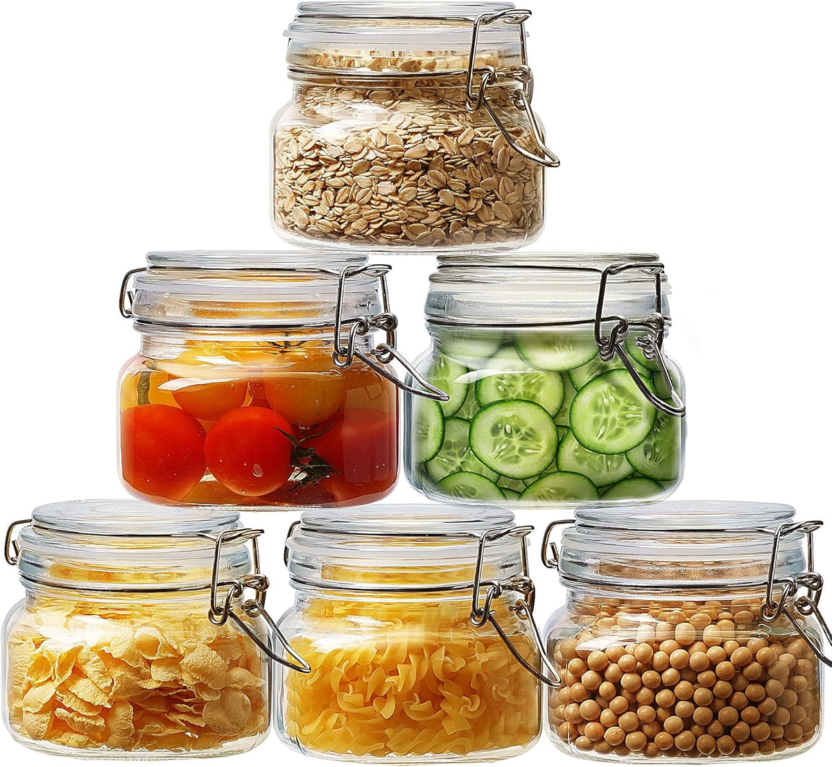17oz - 6 Pack Square Glass Jars with Airtight Lid, Wide Mouth Mason Jars with Clamp Lids, Air Tight Glass Canisters, Best Food Storage Containers for Cereal, Pasta, Rice, Sugar, Coffee, Spice