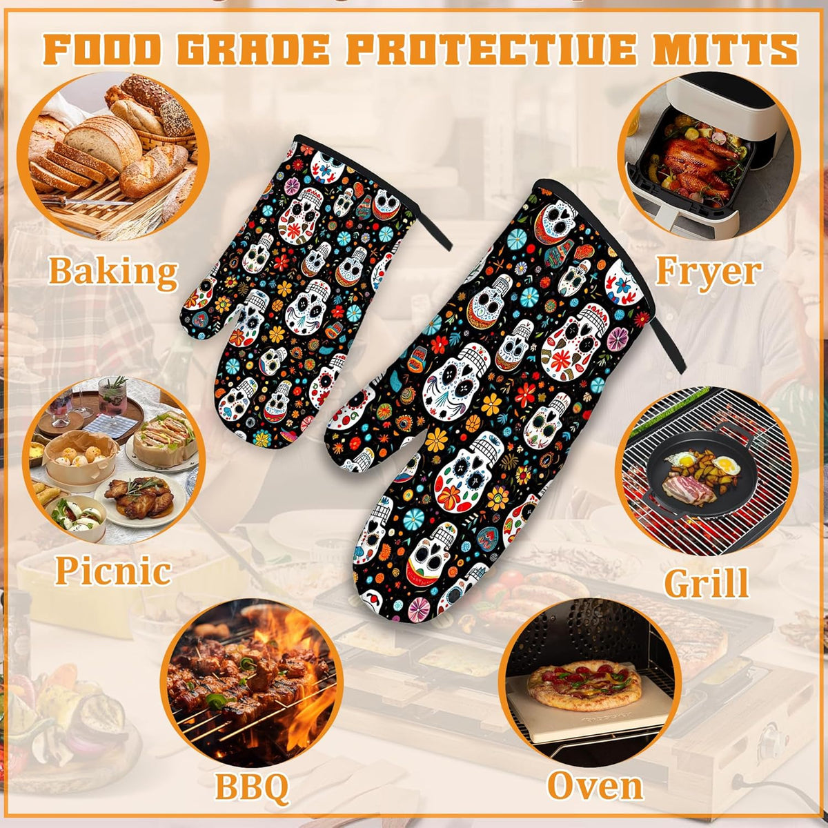 Day of The Dead Skull Mexican Oven Mitts and Pot Holders Set,Flower Kitchen Decor Heat Resistant Non Slip Hot Pads and Oven Mitt for Chef Cooking Baking BBQ Mom Girl Gifts(4 Piece Set)