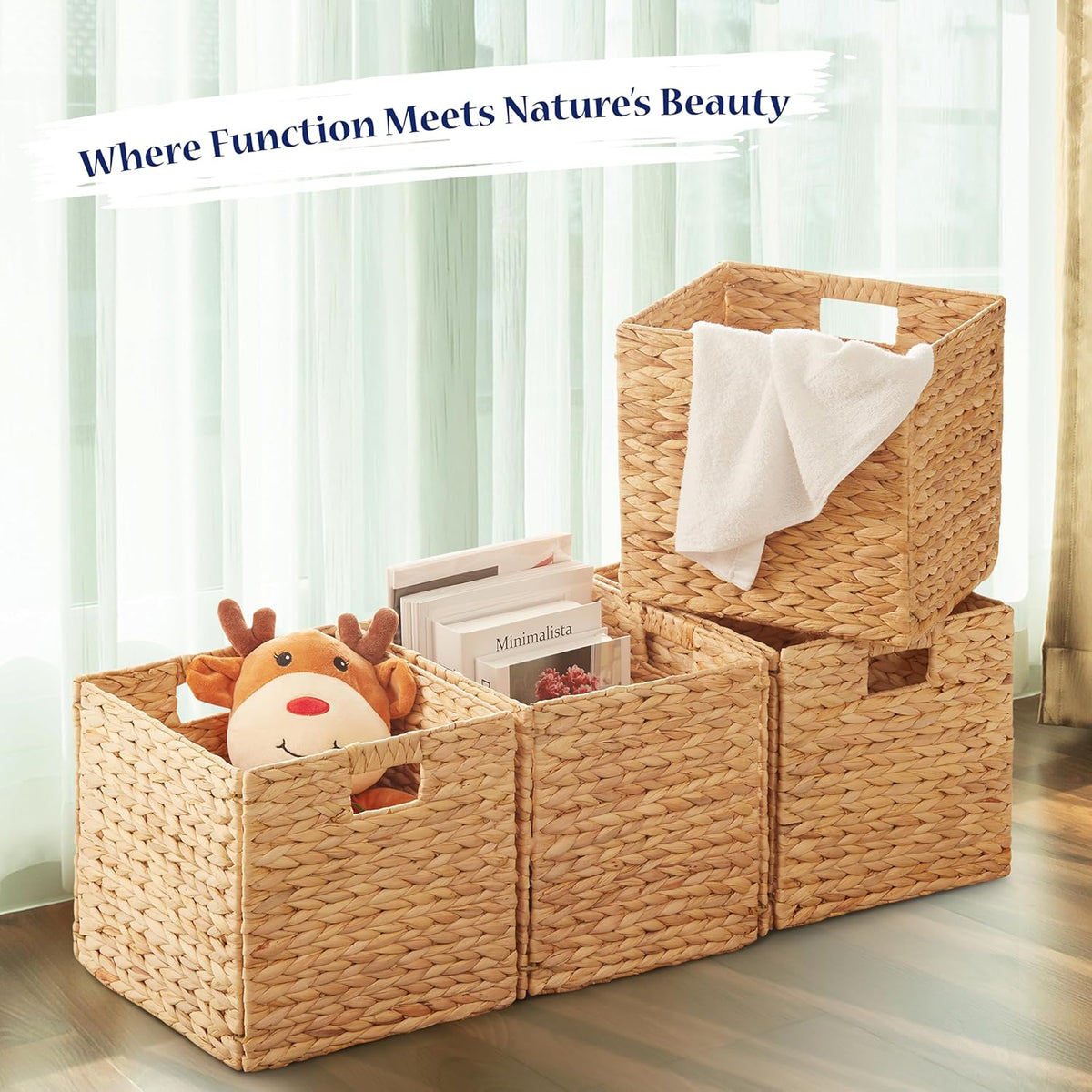 BLUEWEST Water Hyacinth Storage Basket (Set of 4) Woven Hyacinth Storage Basket, Laundry Water Hyacinth Bin for Organizing with Carrying Handles, Rattan for Shelves