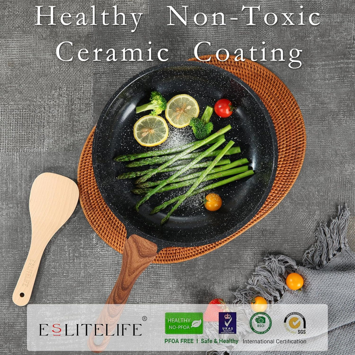ESLITE LIFE Nonstick Ceramic Frying Pan Skillet with Lid, Non-Toxic Egg Omelette Kitchen Cooking Pans Compatible with All Stovetops (Gas, Electric & Induction), PTFE & PFOA Free (Black, 11" w/Lid)