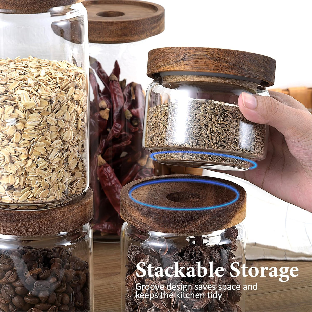 960ML/32Oz Clear Cute Glass Storage Canister Holder with Stackable Airtight Wood Lid, Modern Decorative Container Jar for Coffee, Spice, Candy, Salt, Cookie, Condiment, Pepper, Sugar