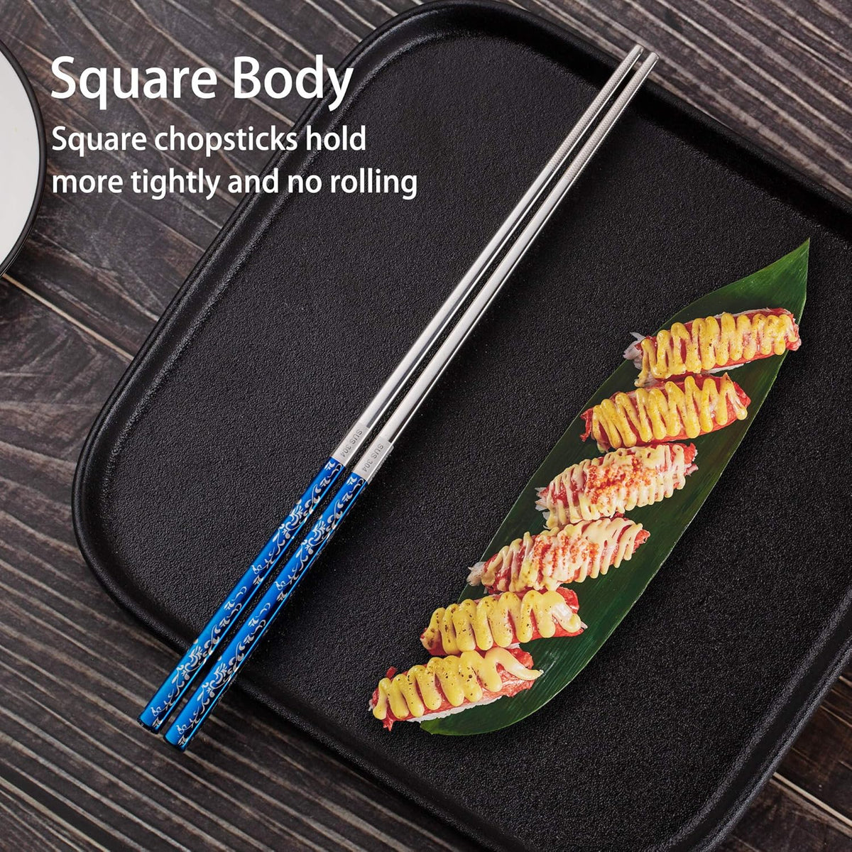 Titanium Plated Chopstick Stainless Steel Chopsticks Metal Chopsticks Reusable Dishwasher safe Premium Laser Engraved Chop Sticks for Eating 2 Pairs Gift Set Blue Silver