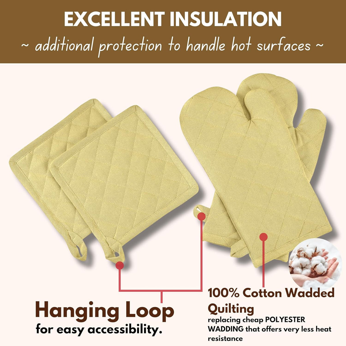 Native Fab 4 Piece Set - 2 Oven Mitts & 2 Potholders, Heat Resistant, 100% Cotton, Quilted Design, Non-Slip Grip, Machine Washable, Ideal for Baking, Cooking, BBQ, Kitchen Protection - Pale Yellow