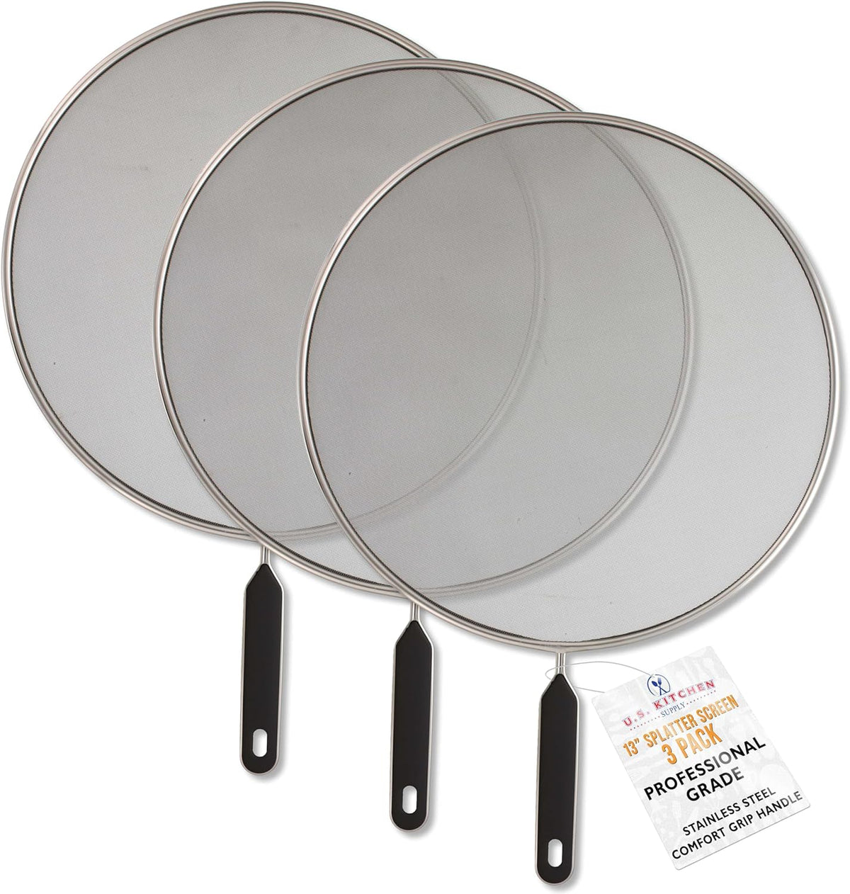 U.S. Kitchen Supply 3-Piece Stainless Steel Splatter Guard Set 13" Fine Mesh Cover, Grease & Oil, Splatter Screen for Frying Pan, Cooking Pots, with Comfort Grip Handles
