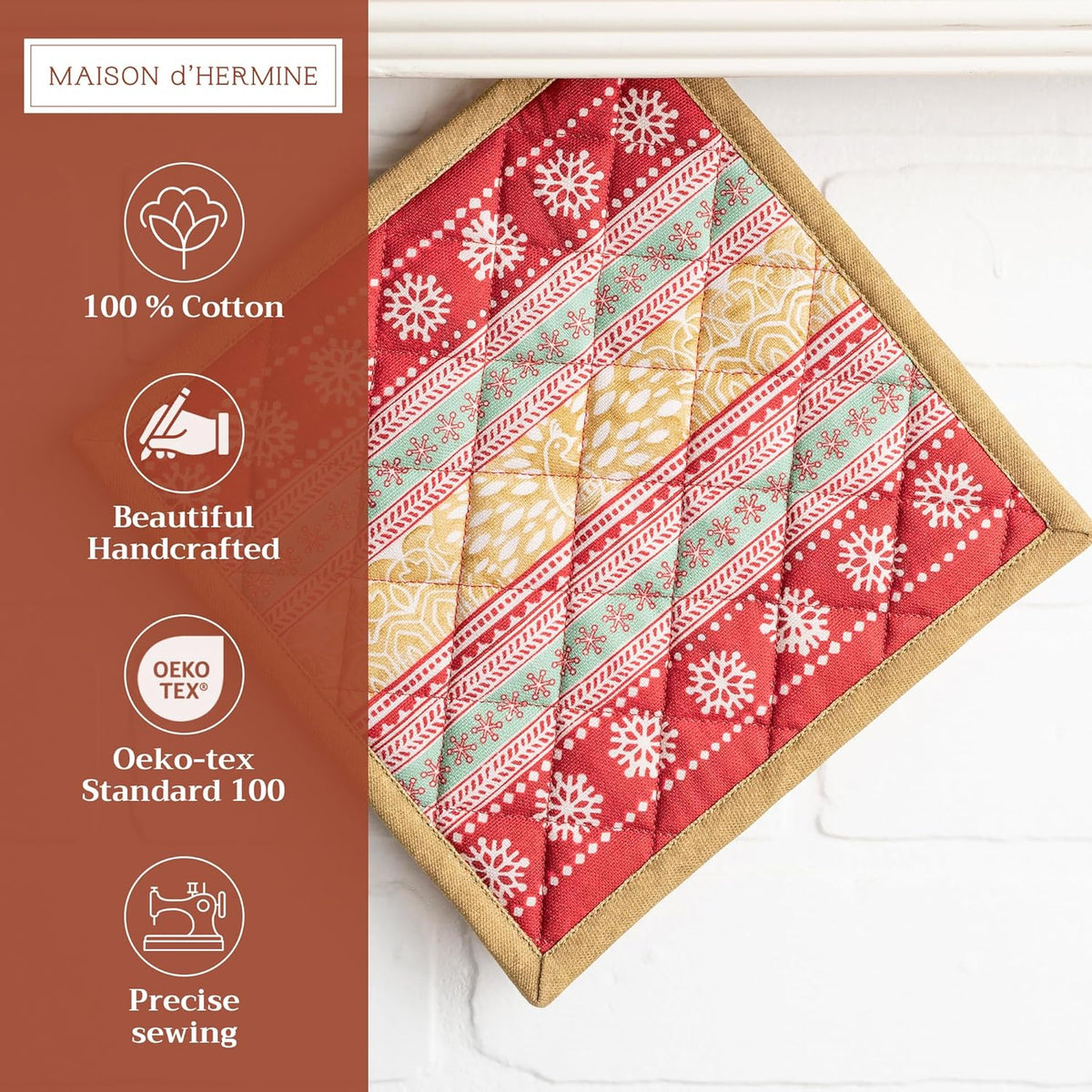 Maison d' Hermine Pot Holders Set 100% Cotton Heat Resistant Potholders 8" x 8" Hot Pads with Loop BBQ, Cooking, Baking, Grilling, Kitchen, Handling Hot Pans (Pack of 2, Sofia)