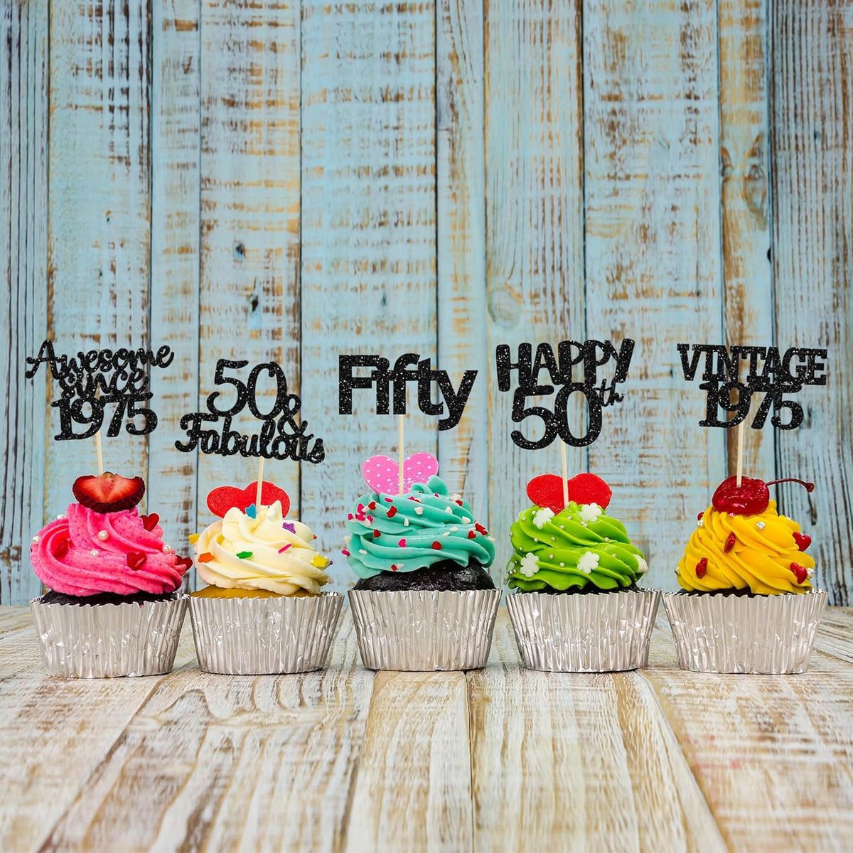 Gyufise 30Pcs Vintage 1975 Cupcake Toppers 50th Birthday Cake Decorations Cheers to 50 Fabulous Fifty Cupcake Picks 50th Birthday Wedding Anniversary Party Cake Decorations Supplies Black