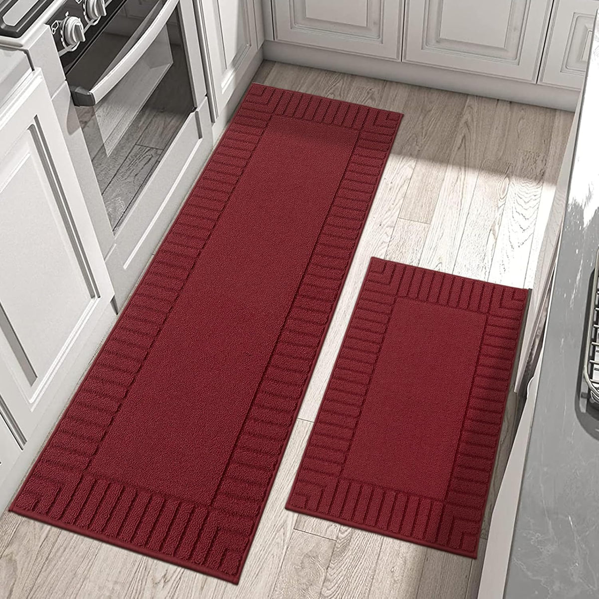 BEQHAUSE-Non-Slip-Kitchen-Mats-for-Floor [2PCS],Kitchen Mats,Machine Washable Burgundy Red Kitchen Rugs,Polypropylene Kitchen Floor Mat with TPR Backing 24x35inch/24x60inch