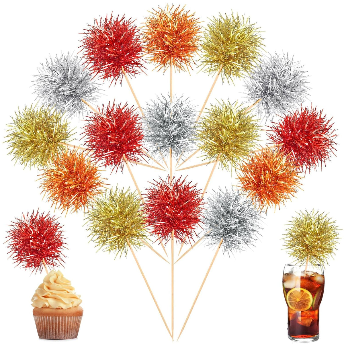 Chinco 100 Pcs Foil Firework Cupcake Toppers Sparkle Tinsel Cake Toppers Cake Decoration Cocktail Fruit Toothpick for Birthday Wedding Graduation Party (Silver, Red, Orange, Gold)
