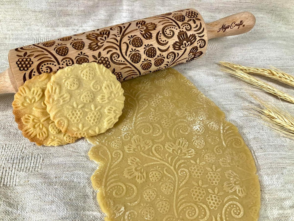 STRAWBERRY embossing rolling pin. Engraved wooden embossed dough roller for embossed cookies or clay by Algis Crafts
