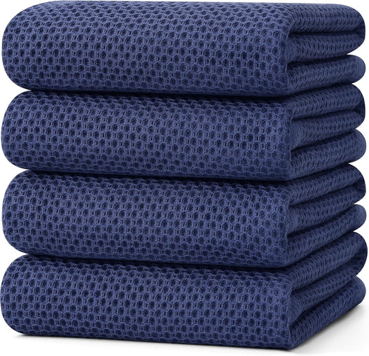 Kitinjoy 100% Cotton Waffle Weave Kitchen Towels, 4-Pack Super Soft and Absorbent Dish Towel for Drying Dishes, Kitchen Hand Towels, 20 in x 28 in, Navy Blue