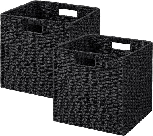 UBBCARE 2 Pack Wicker Basket, 11L×11H×10.5W inch Woven Paper Rope Storage Baskets for shelves, Foldable Cube Storage bin with Handle, Storage Basket for Organizing & Decor, Black