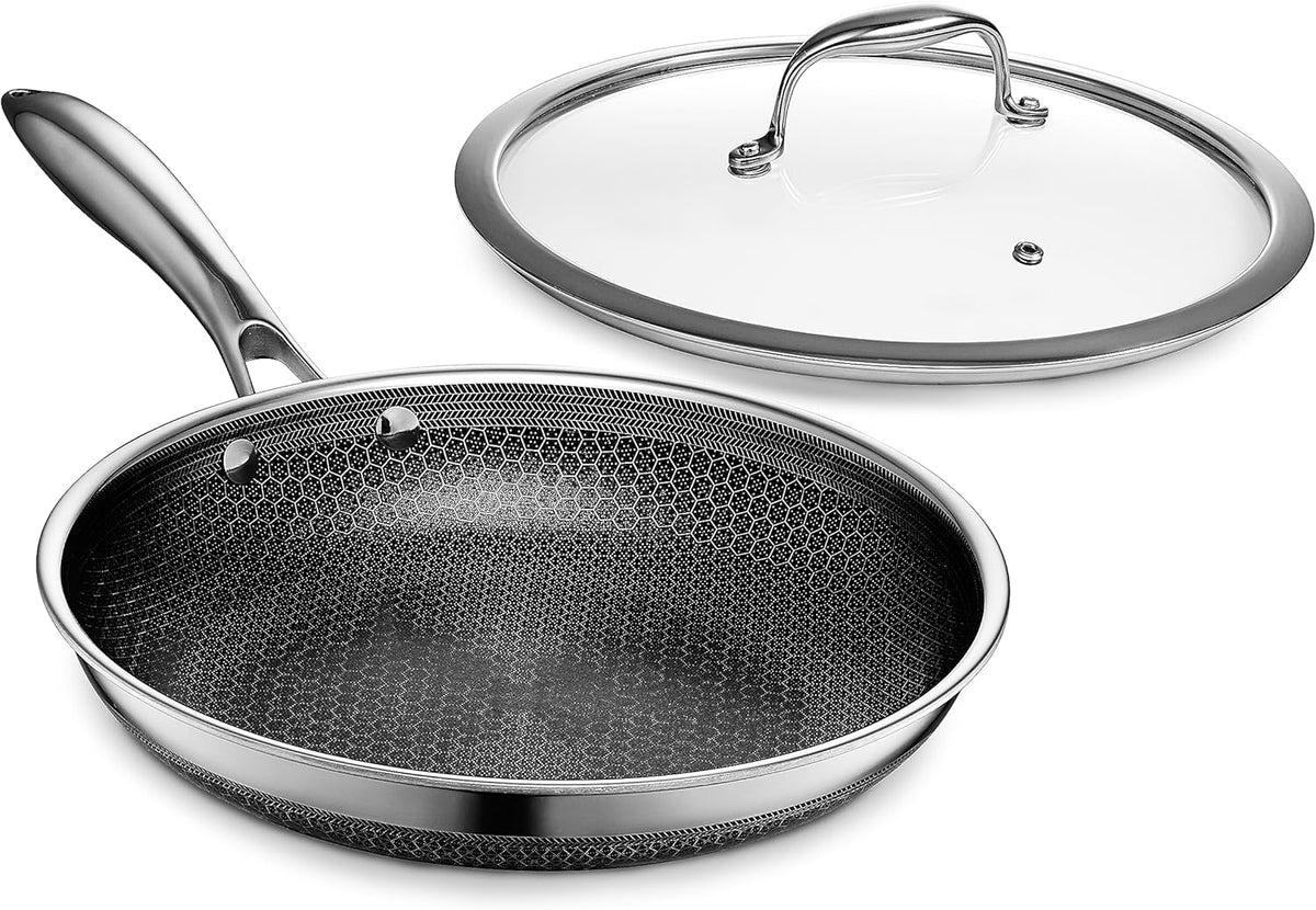 HexClad Hybrid Nonstick 10-Inch Frying Pan with Tempered Glass Lid, Stay-Cool Handle, Dishwasher-Friendly, Oven-Safe Up to 900°F, Induction Ready, Compatible with All Cooktops