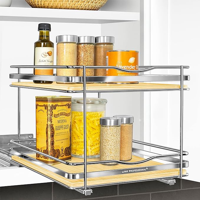 LYNK PROFESSIONAL® Élite™ Pull Out Spice Rack Organizer for Inside Kitchen Cabinets - 10-1/4 inch Wide - Slide Out Drawer – Wood/Chrome Sliding Spice Cabinet Organization Shelf Racks - 2 Tier