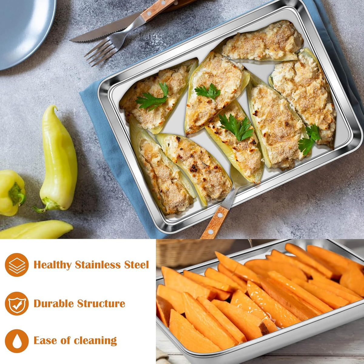 E-far Small Baking Sheet Set of 3, 10.5”x8.3” Stainless Steel Cookie Sheets Pans, Compact Non-toxic Metal Toaster Oven Trays for Cake, Healthy & Rust Free, Mirror Finish & Dishwasher Safe
