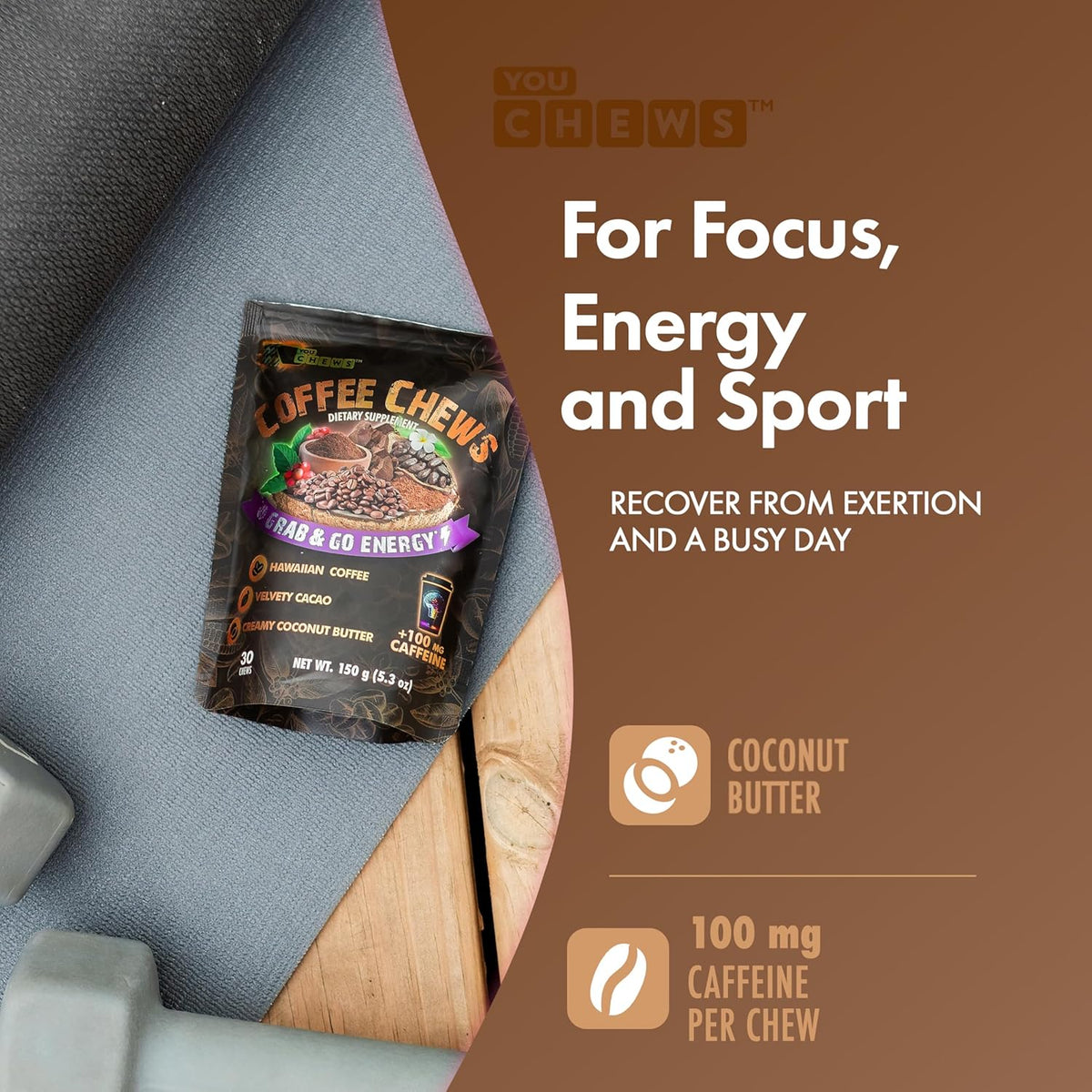 Coffee Chews - Grab & Go Energy with 100mg per Chew of Clean, Green Caffeine. with Real Organic Ingredients, Low Sugar, Great Bold Taste & Long Lasting Energy Boost (Pack of 2)