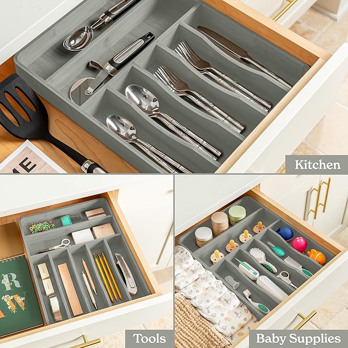 SMIRLY Silverware Drawer Organizer – Bamboo Kitchen Drawer Organizer, Adjustable Utensil Holder and Cutlery Tray, Drawer Dividers for Flatware and Kitchen Utensils