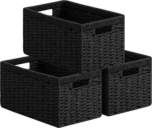 UBBCARE 3 Pack Wicker Basket, 13.4L×8.3H×7.1W inch Woven Paper Rope Storage Baskets for shelves, Foldable Rectangular Storage Baskets with Handle, Storage Basket for Organizing, Black
