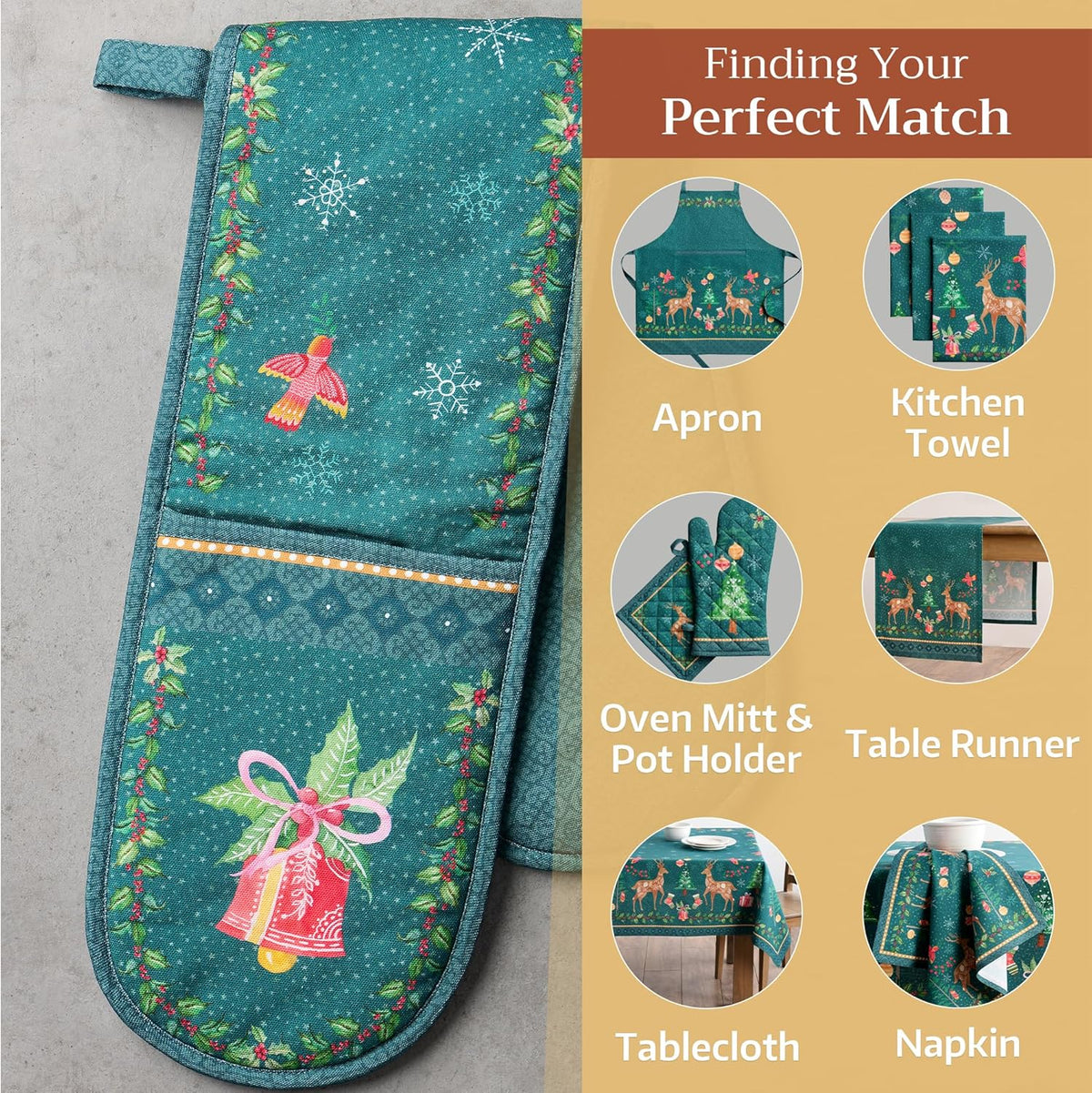 Maison d' Hermine Double Oven Mitts 100% Cotton 7"x35" Double Oven Mitt Heat Resistant BBQ Cooking Gloves with Loop, Baking, Grilling, Home, Kitchen, Handling Hot Pans (Hygge Christmas)
