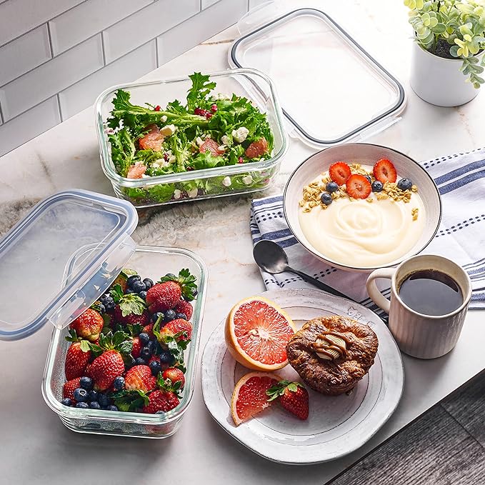 4pc Set of 8 Cup Large Glass Food Storage Containers with Lids - Airtight Meal Prep Container with Lid Lock - Freezer Microwave & Oven Safe Clear Lunch Bowl, Stackable Baking Pantry Organizer