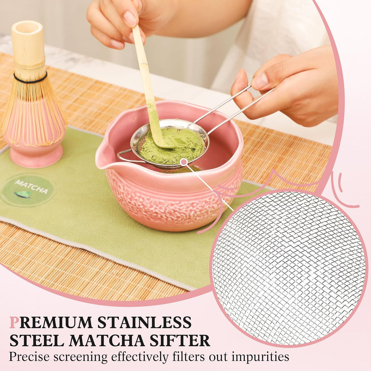 Matcha Whisk Set, Pink Matcha Set, 8 Pcs Complete Ceramic Matcha Making Kit with Bowl, Bamboo Whisk & Holder, Stainless Sifter, Tea Towel, Scoop & Scoop Rest, Perfect for Beginners & Lovers