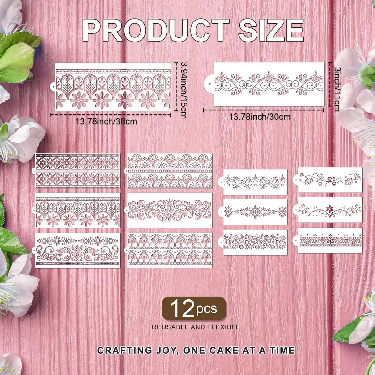 Cake Stencils Decorating for Baking - 12 Pcs Reusable Floral Border Stencils, Mexican Art Flower Lace Stencil, Buttercream Templates for Painting on Wood Crafts